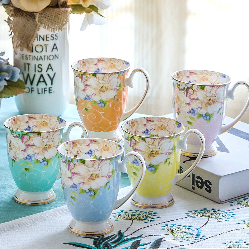 Ceramic cup for women Nordic ins couple cup coffee cup bone china milk water cup mug with cover flower tea cup