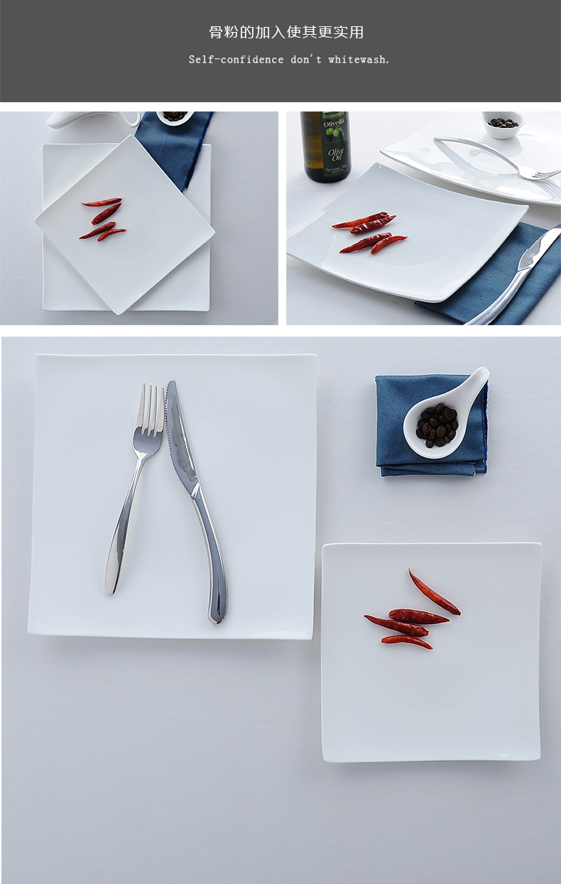 Pure white ceramic plate ipads porcelain tableware square restaurant beef steak knife and fork dish creative steak dinner plate suit