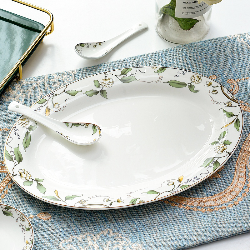 Shengpu 12-inch bone china fish plate oval ceramic plate large steamed fish plate plate microwave tableware