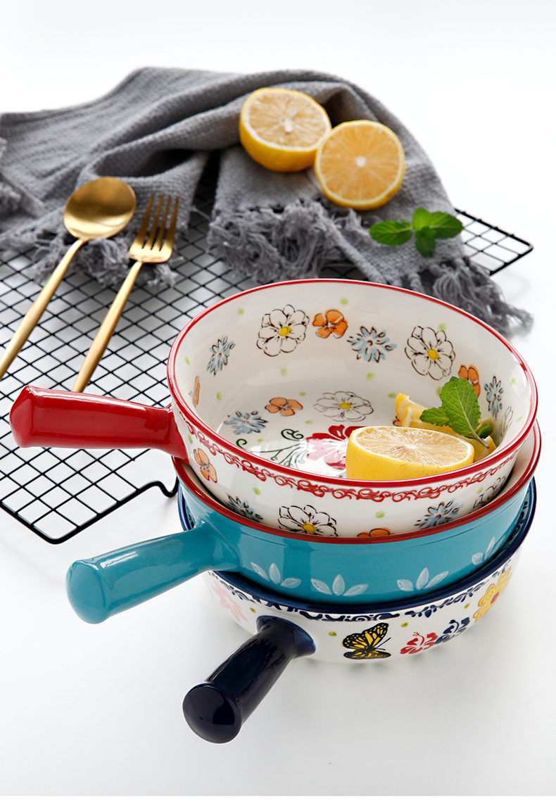 Baking pan, Japanese household ceramic bowl breakfast bowl with the handle special big bowl of oven baked FanPan fruit bowl