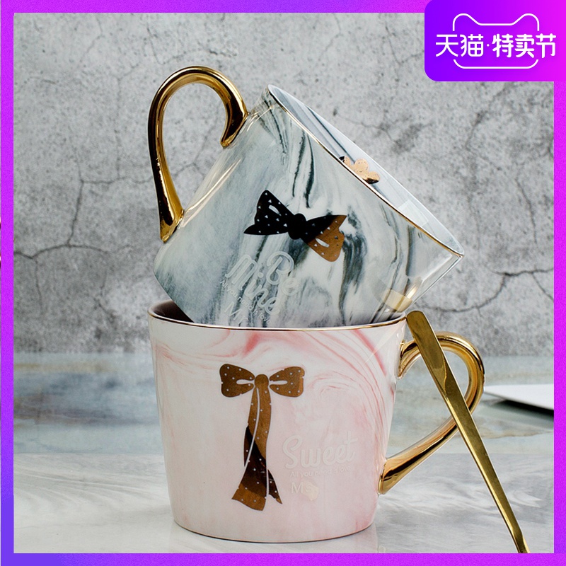 Marble ceramic mugs ins pink girl heart cup Nordic picking cups of coffee cup with a spoon