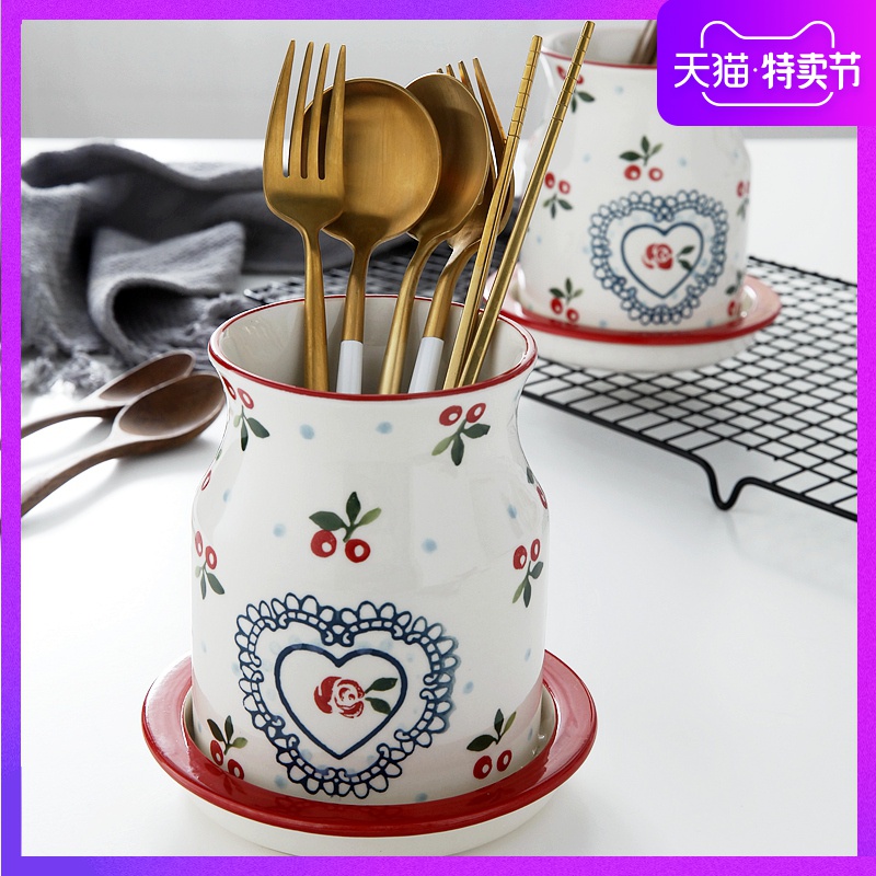 Japanese chopsticks basket tube creative hand - made cherry chopsticks chopsticks aircraft ceramic knife and fork spoon, chopsticks cage home drop