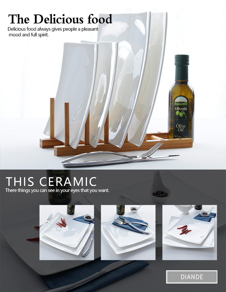 Pure white ceramic plate ipads porcelain tableware square restaurant beef steak knife and fork dish creative steak dinner plate suit