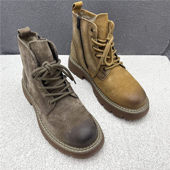 Factory code breaking processing 2025 new genuine leather men's boots wool warm and heightening outdoor fashion martin boots men's short boots