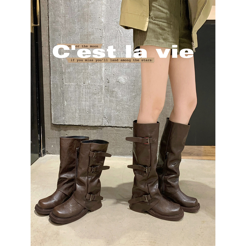 Grape Mom Studiolee Height-Increasing 6/8cm~ Fashionable Belt Buckle Pleated Mid-Calf Riding Boots for Women, Autumn and Winter Grape Mom Studiolee Height-Increasing 6/8cm~ Fashionable Belt Buckle Pleated Mid-Calf Riding Boots for Women, Autumn and Winter