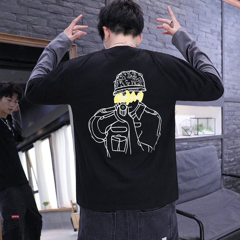 Long sleeve T-shirt for men's autumn clothes Korean version trendy spring autumn season splicing T-shirt Chaochio Easy Beating the bottom-shirt-on-the-clothes