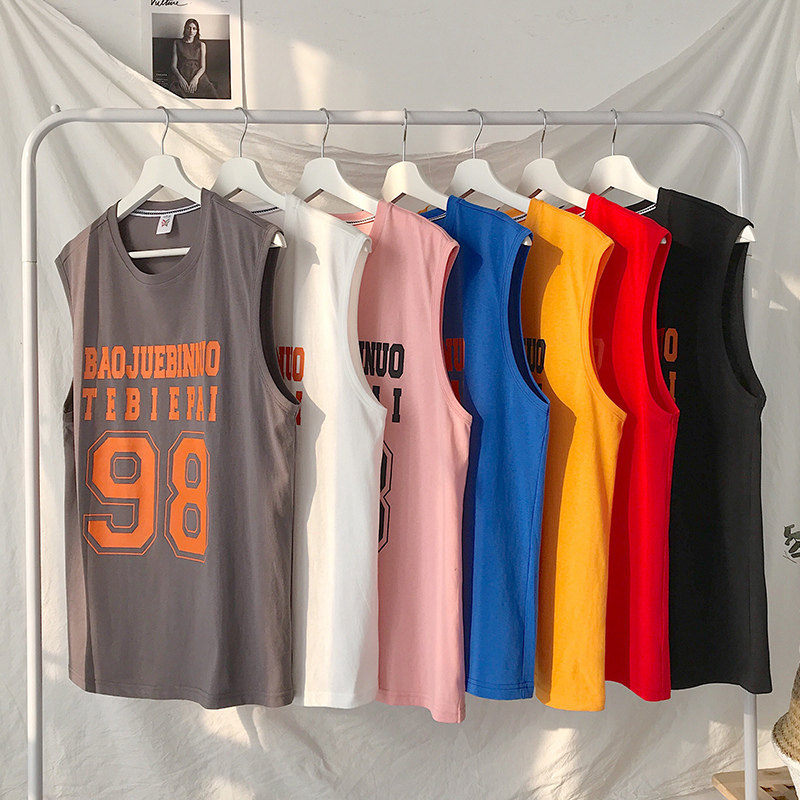 Summer vest men's fashion brand pure cotton ice silk sleeveless t-shirt base shirt loose basketball hurdling sports wear outside the shoulder