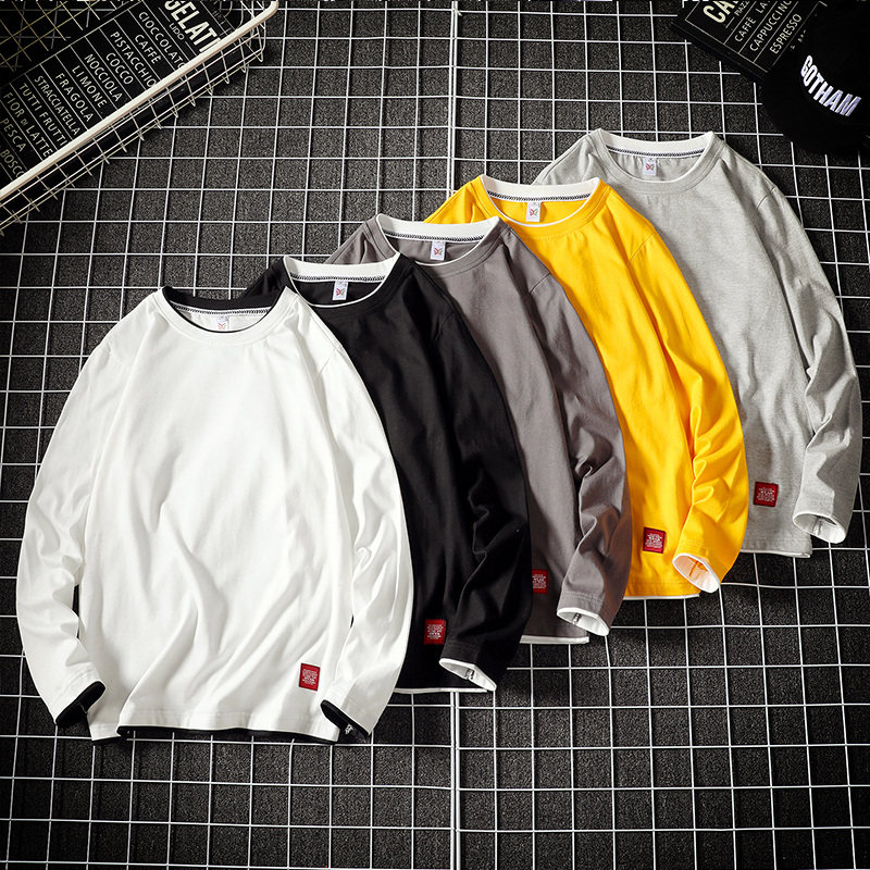 Spring men's long sleeves T-shirt Pure color casual clothes Tide Cards Easy blouses Korean version Trend round collar large size T-shirt