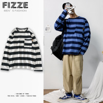 ins port wind long sleeve t-shirt mens Korean version trendy spring autumn money round neckline striped sweatshirt boomer handsome loose with clothes