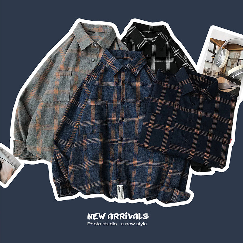 Men's long-sleeved shirt casual spring loose plaid trend shirt Korean version trend handsome couple bottom top
