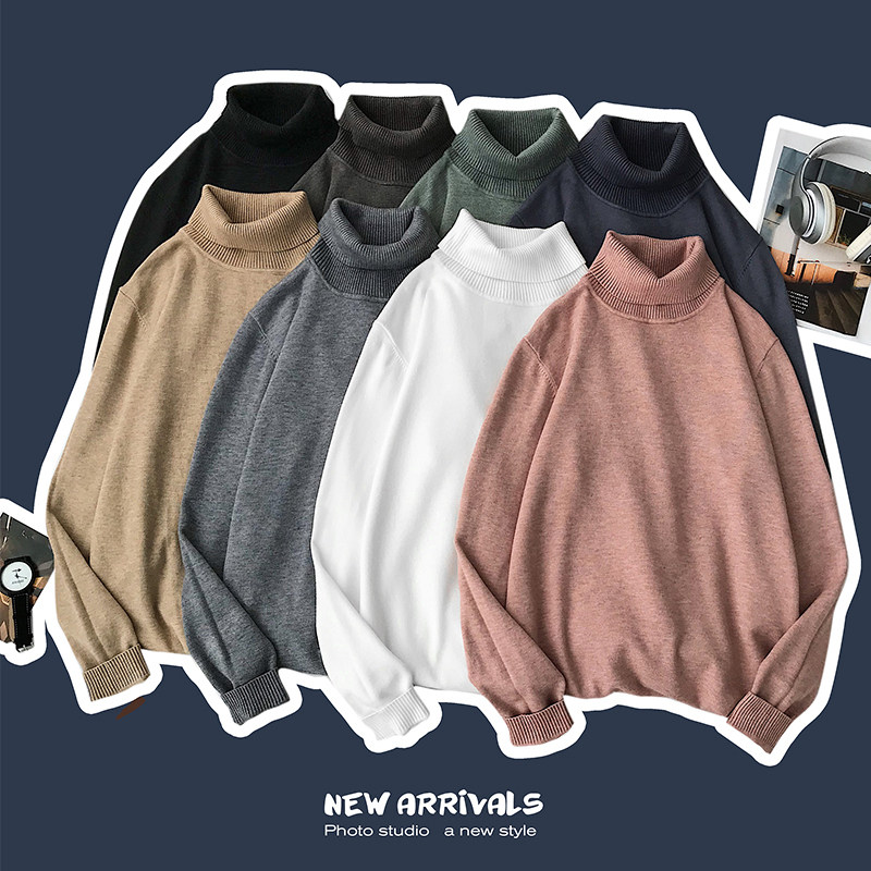 Men's slim sweater autumn and winter tide brand high-neck sweater solid color knit sweater warm Korean version of the turned collar sweater