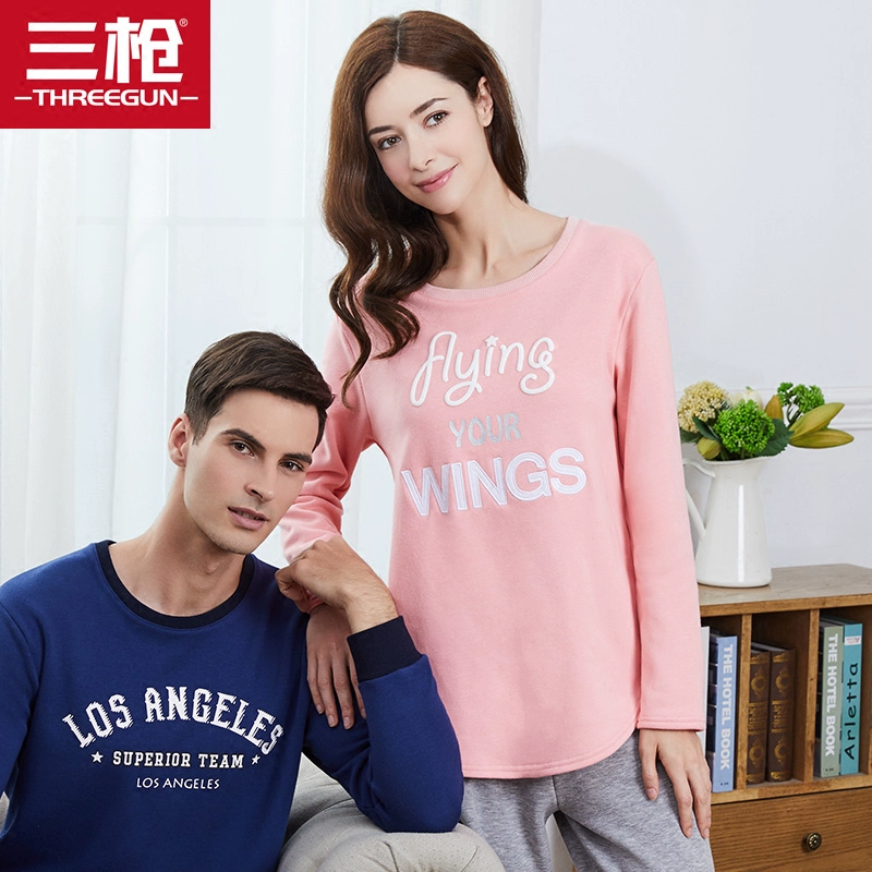 Ba shot dịch vụ tại nhà mùa thu và mùa đông Chất liệu cotton Lycra cộng với nhung dài tay dài Quần nữ phục vụ tại nhà bộ đồ ngủ siêu dày - Bên ngoài ăn mặc