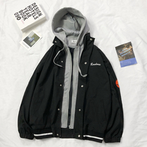 Fake two overalls Jacket Womens tide spring and autumn Korean version of loose Joker Harajuku style retro jacket baseball uniform