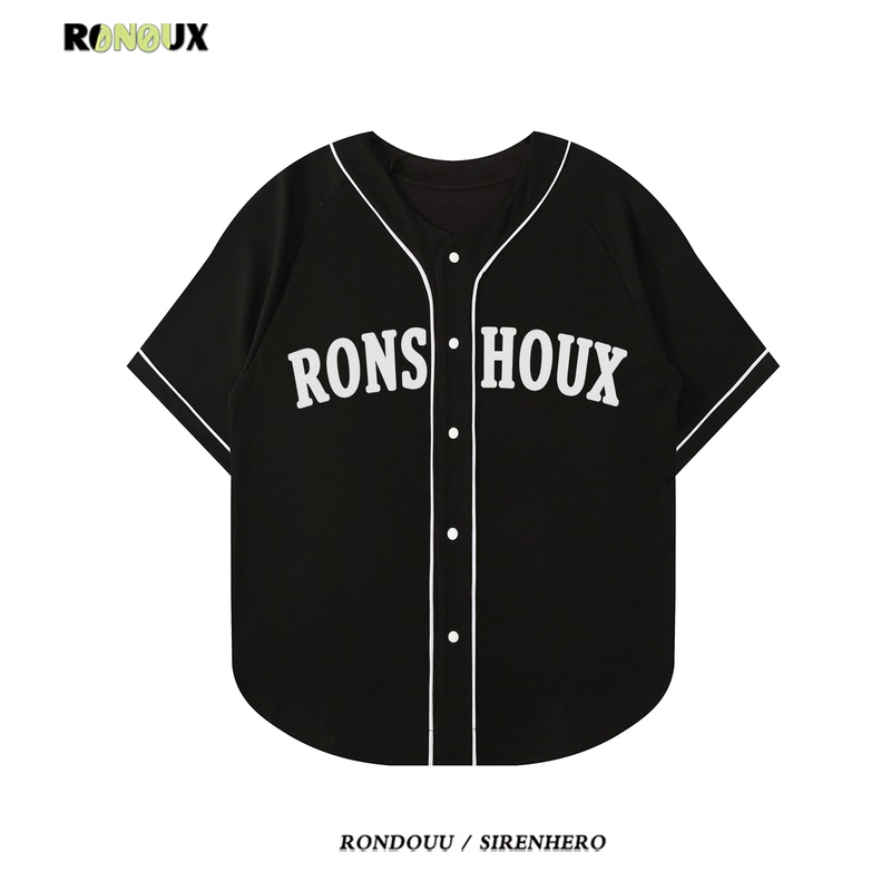 American Retro Striped Patchwork Baseball Jersey Short-Sleeve Cardigan Unisex Loose Hip-Hop Trendy Sports Style T-Shirt
