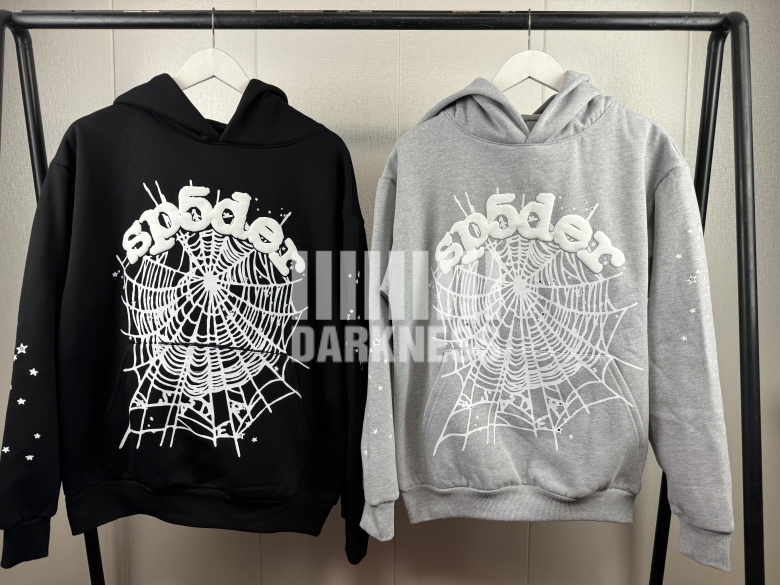 In-Stock Sp5Der Spider Web Og Web Foam Logo Black and Gray Trendy Hoodie Sweatshirt