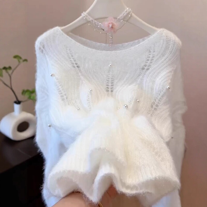Heavy-Duty Hollow-Out Beaded Mohair White Sweater for Women, New Autumn and Winter Style, Lazy Style, Soft and Versatile Casual Knitwear