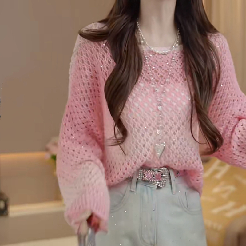 High-End Pink Gradient Sequin Hollow-Out Top, New Spring Style, Lazy Style, Petite Korean-Style Loose Knit Sweater