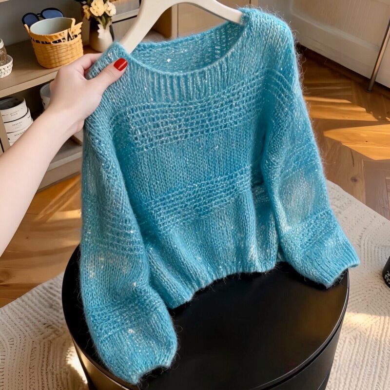 Lake Blue Sequin Off-Shoulder Long-Sleeve Knit Sweater for Women, New Autumn Korean Style Hollow-Out Slimming Loose Pullover Sweater Lake Blue Sequin Off-Shoulder Long-Sleeve Knit Sweater for Women, New Autumn Korean Style Hollow-Out Slimming Loose Pullover Sweater