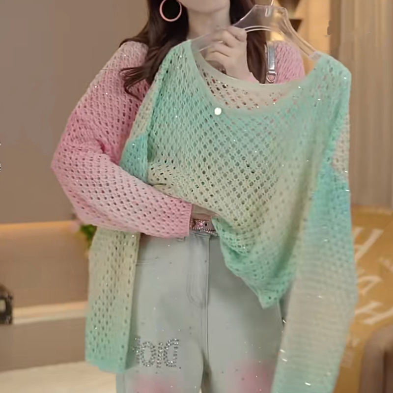 Gradient Color Fashionable Hollow-Out Sequin Knit Top for Women, 2026 Spring New Style, Stylish, Slimming, Versatile Cover-Up Blouse