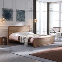 Nordic solid wood double rattan bed simple and modern hollow rattan art bed small apartment bedroom rattan wedding bed