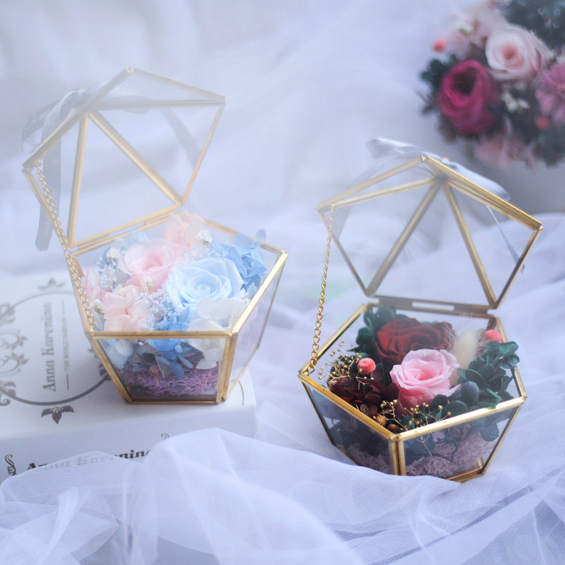 (Pentagonal glass greenhouse ring box)Eternal flower DIY material package Group handmade activities Floral salon