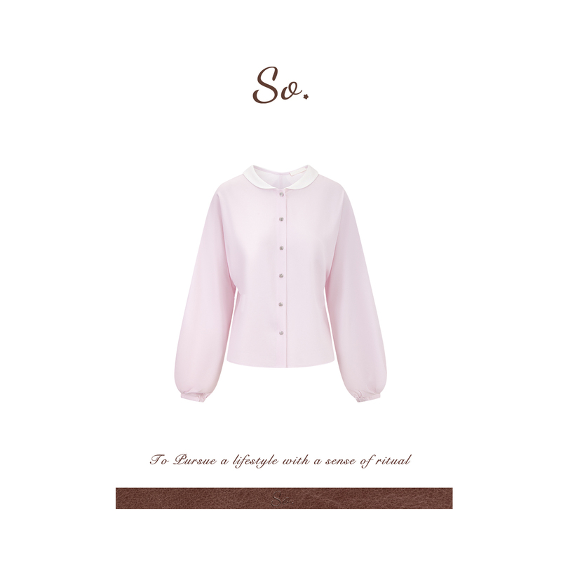 So 26Aw【Reversible】Matte Acetate Lantern Sleeve Pink Doll Collar Elegant Shirt Top So 26Aw【Reversible】Matte Acetate Lantern Sleeve Pink Doll Collar Elegant Shirt Top