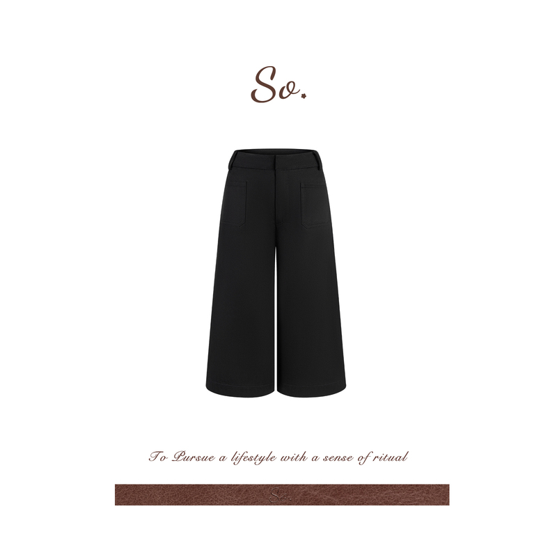 So 26Ss【Lyocell+Cotton】High-Waisted Slimming Pocket Design Twill Texture Black and White Two-Tone Cropped Pants