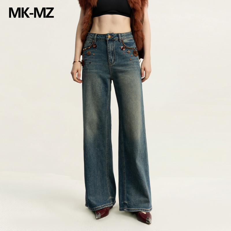 Mkmz'Wasteland Floral Embellishment' Heavy Embroidered Wide-Leg Jeans for Women, High-Waisted, Slimming, Vintage, Floor-Length Pants