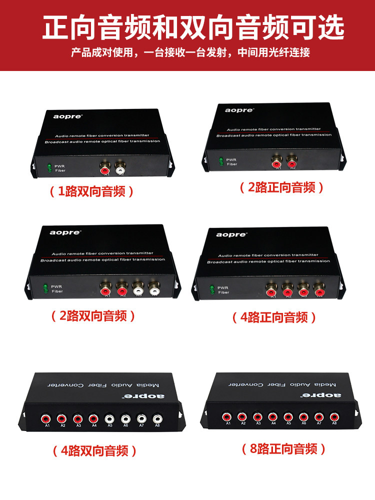 aopre 1-way 2-way 4-way 8-way unidirectional two-way audio optical end machine 3 5mm Lotus head to fiber optic transceiver Broadcast audio transmitter 1 pair