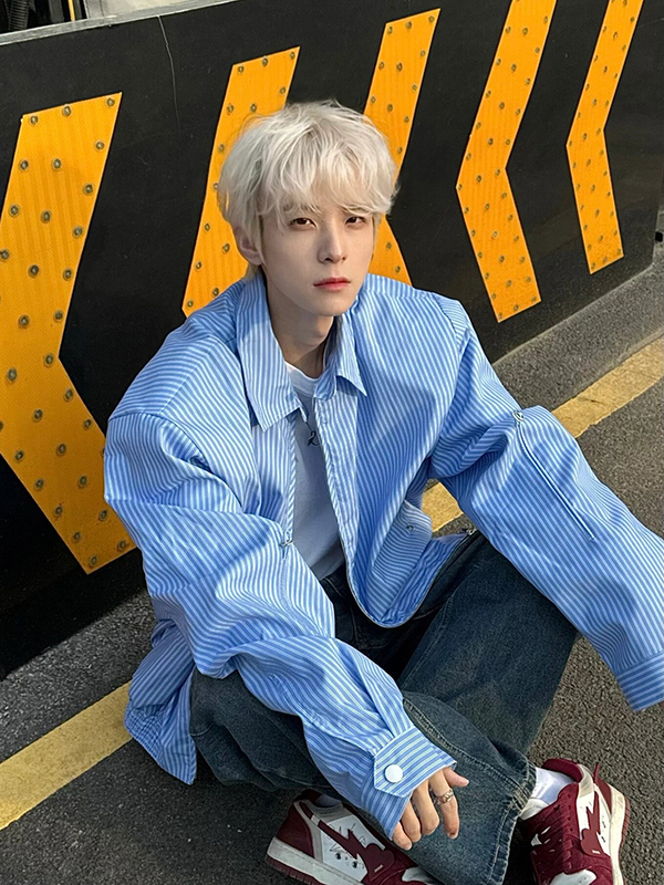 Blue Vertical Striped Shirt-Style Jacket for Men, Cleanfit American Retro Short Padded Shoulder Long-Sleeve Shirt Trendy