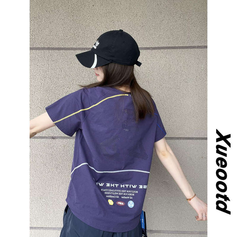 Dopamine Purple Sports Style Laser Perforated Quick-Drying Short-Sleeved T-Shirt for Men and Women Outdoor Moisture-Wicking Letter Print Dopamine Purple Sports Style Laser Perforated Quick-Drying Short-Sleeved T-Shirt for Men and Women Outdoor Moisture-Wicking Letter Print