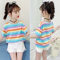 Girl short sleeve T-shirt 2021 new summer loose rainbow blouse T foreign air cotton elastic striped body shirt tide