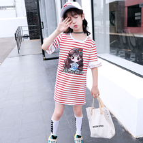Girls half-sleeve T-shirt skirt foreign-style cotton 10 Korean version 8 stripes 5 casual 6-year-old 7 cartoon 9 childrens short-sleeved long