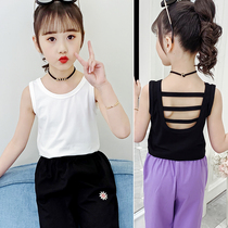 Girls summer vest 2022 new foreign air pure color slapped bottom blouses children sleeveless hollowed-out outside wearing hanging band shirt tide