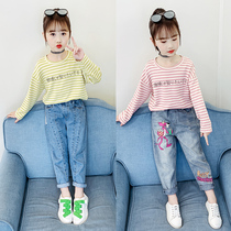 Girls beat long sleeves 2022 new autumn childrens gas pure cotton tops big child spring and autumn striped T shirt tide