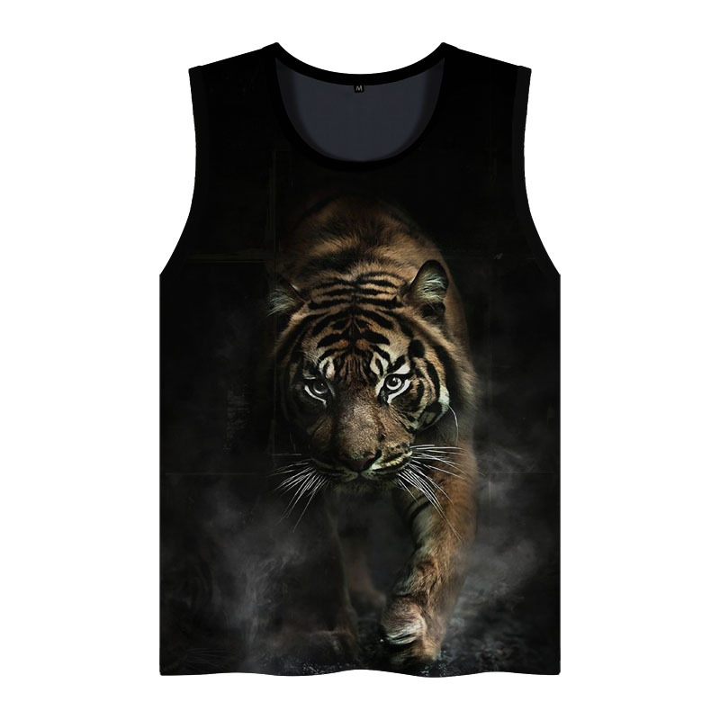 Tiger Head Ink Style Print Beach Vest, Chinese Style Retro Trendy Men's T-Shirt, Social Youth Clothing