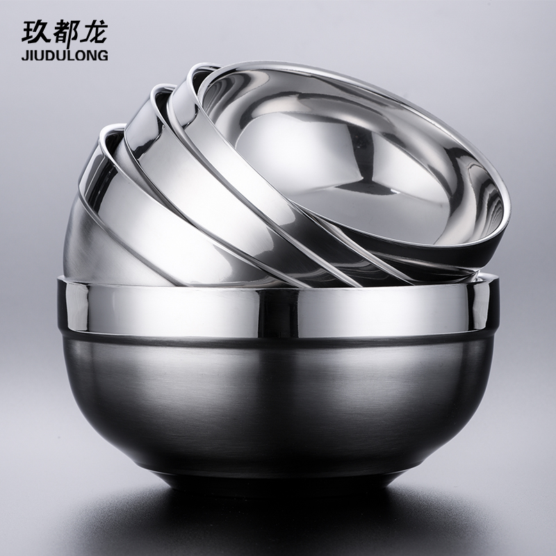 304 stainless steel bowl with lid Household eating children's small bowl Double anti-scalding adult rice bowl Iron bowl soup bowl Instant noodles