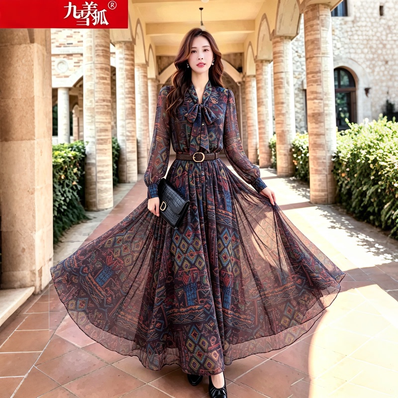 2026 Autumn New Holiday Style Printed Dress Women's Long Sleeve Tie Waist Long Dress Elegant Slim Fit Formal Dress 2026 Autumn New Holiday Style Printed Dress Women's Long Sleeve Tie Waist Long Dress Elegant Slim Fit Formal Dress