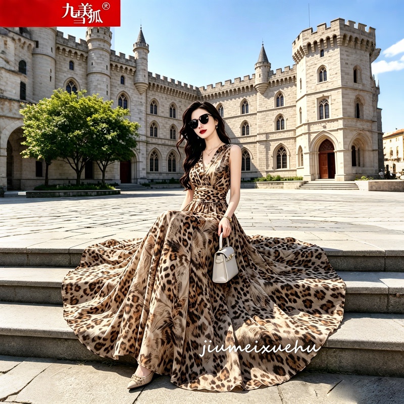 2026 New European and American Style Slim-Fit Leopard Print Dress for Women, Waist-Cinching, Slimming, Long Skirt, Vacation Beach Dress