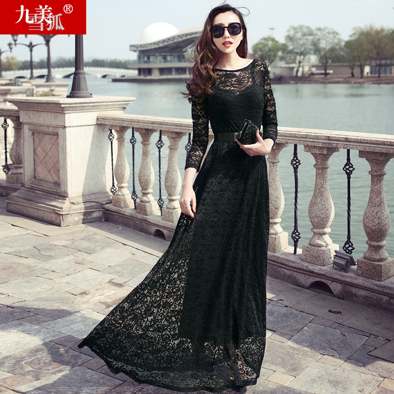Women's New Spring and Autumn French Lace Ankle-Length High-End Elegant Extra-Long Dress with a Large Hem and Floor-Length Skirt