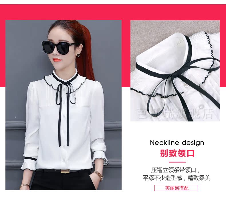 Áo dài tay đứng cổ áo sơ mi trắng nữ 2018 xuân mới ngọt ngào nơ voan siêu cổ tích với áo sơ mi khí chất áo voan hoa