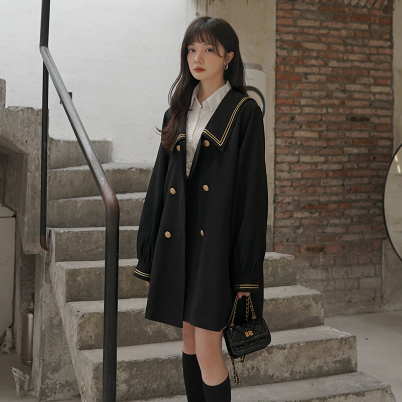 Black windbreaker female small college style spring and autumn new Korean loose high-end design navy collar coat