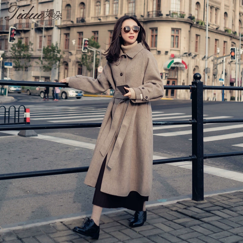 Áo khoác len nữ dài đến đầu gối giữa mùa thu Hàn Quốc mùa thu đông 2019 kiểu mới bf đại học kiểu dáng lỏng và thắt lưng mỏng - Áo len lót đôi