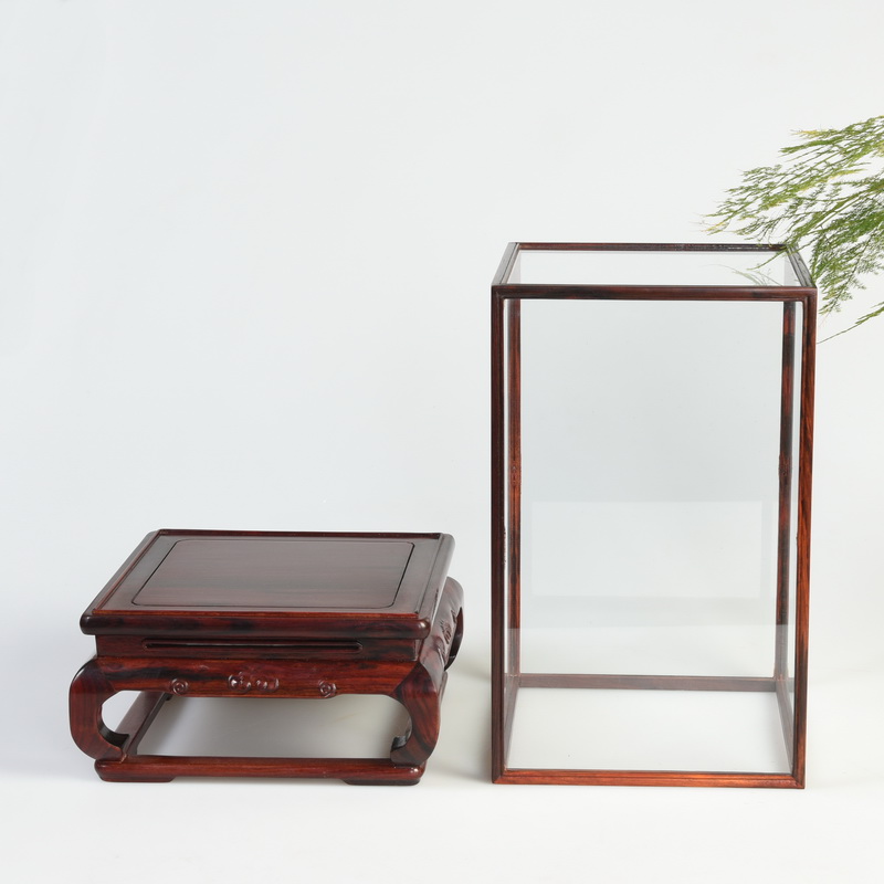 Pianology picking red mahogany acid branches treasure cage the glass base solid woodcarving figure of Buddha jade show cover box dust cover