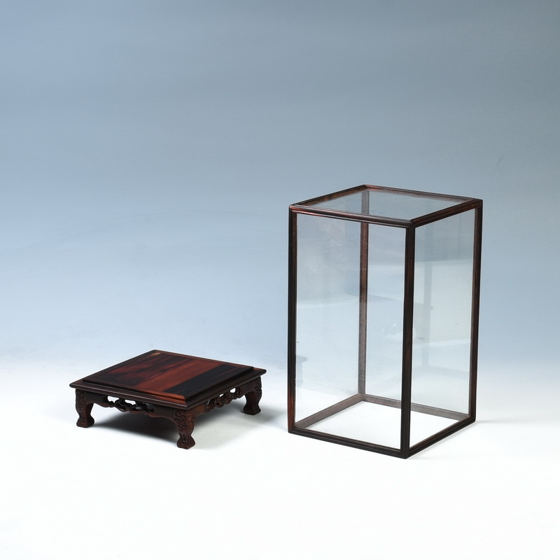 Antique handicraft mahogany base living flower glass cover figure of Buddha treasure cage base display box dust cover