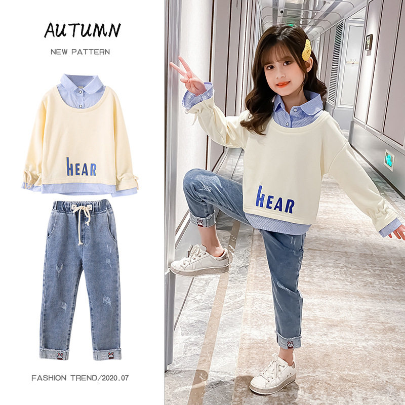 Girls' autumn suit 2022 new Western style middle-aged children's Korean version girl sweatpants thick cotton T net red spring and autumn two-piece set - Taobao