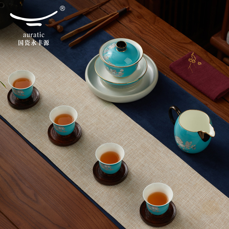 The porcelain Mrs Yongfeng source porcelain ink painting peony 8 head ceramic kung fu tea set cups GaiWanCha sea group