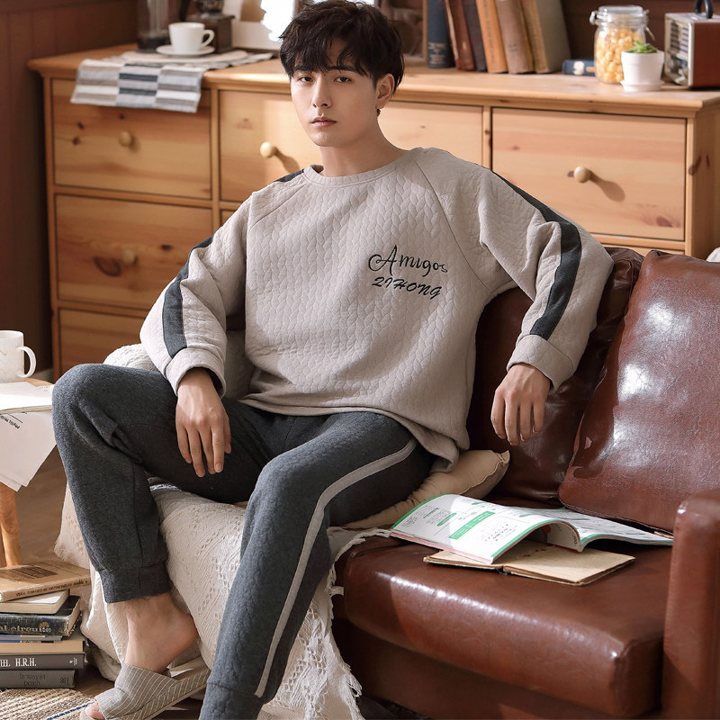 Sleepwear Men Spring Fall Thickened Pure Cotton Long Sleeve Air Cotton Home Conserved Autumn Winter Style Winter Mezzanine Fever Suit Pants