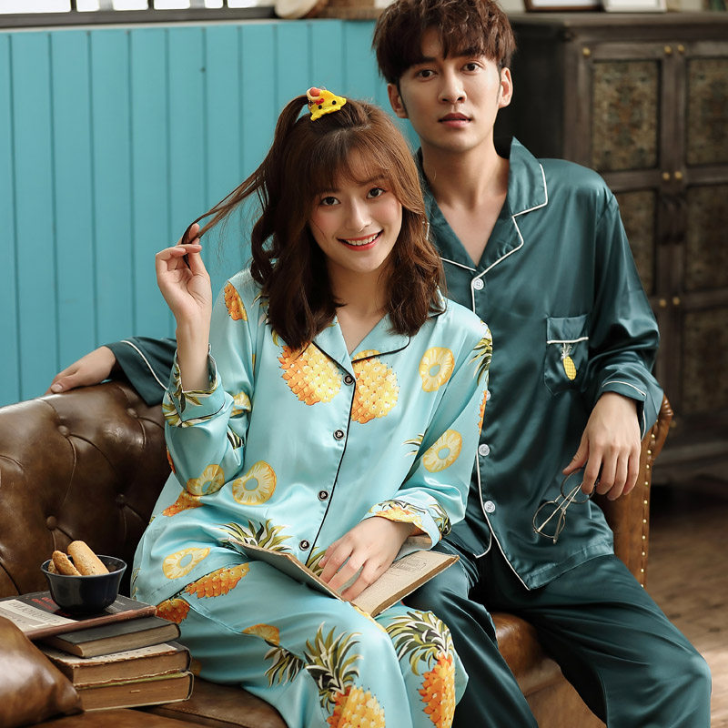 2 sets price lovers sleepwear spring and autumn summer style ice silk long sleeves men's thin female emulated silk Home Suits Pineapple
