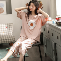 Pajamas Women Summer Short Sleeve Thin Modal Cute Plus Size Summer Capri pants Spring Summer Two Home Clothes Set